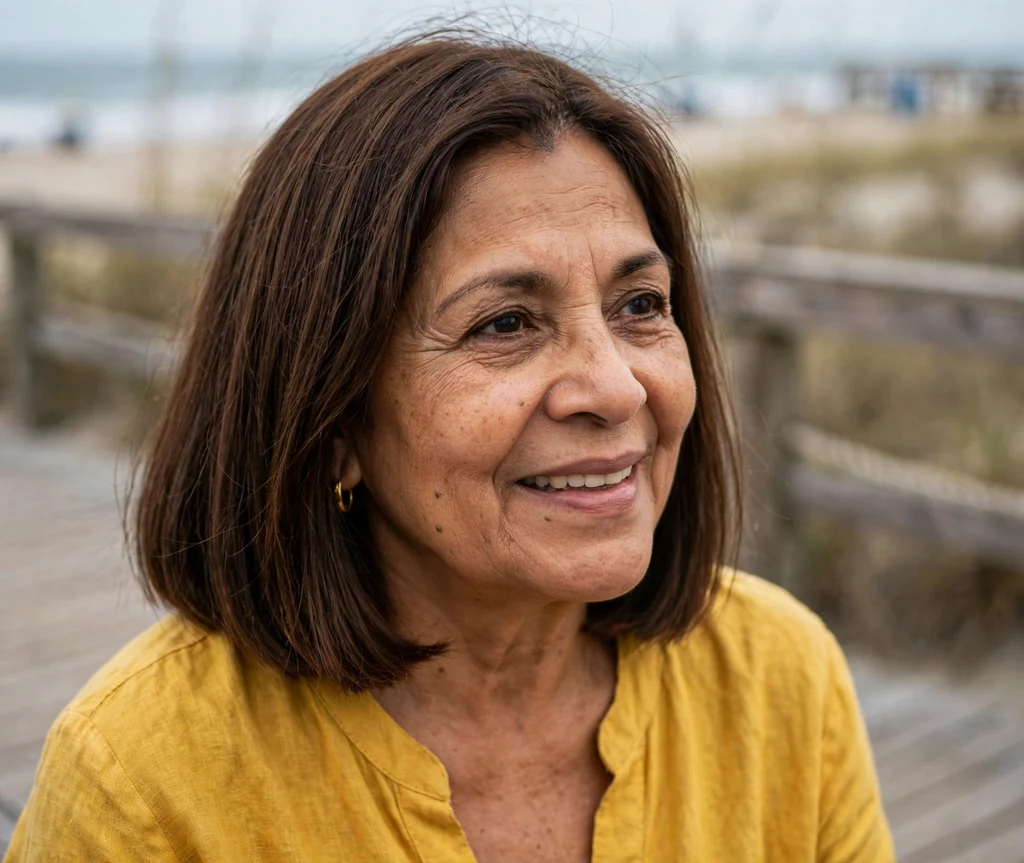 Collarbone-length blunt cut in chocolate brown hair on a Latina woman in her early 60s wearing a mustard yellow top, beach boardwalk
