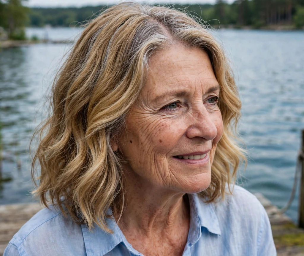 Wavy lob with center part in honey blonde with gray roots on a white woman in her mid 60s wearing a light blue shirt, lakeside dock