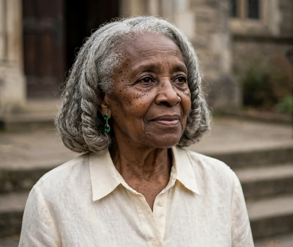 Shoulder-length natural gray bob with coily texture on a Black woman in her early 70s wearing emerald earrings and a cream blouse, church steps