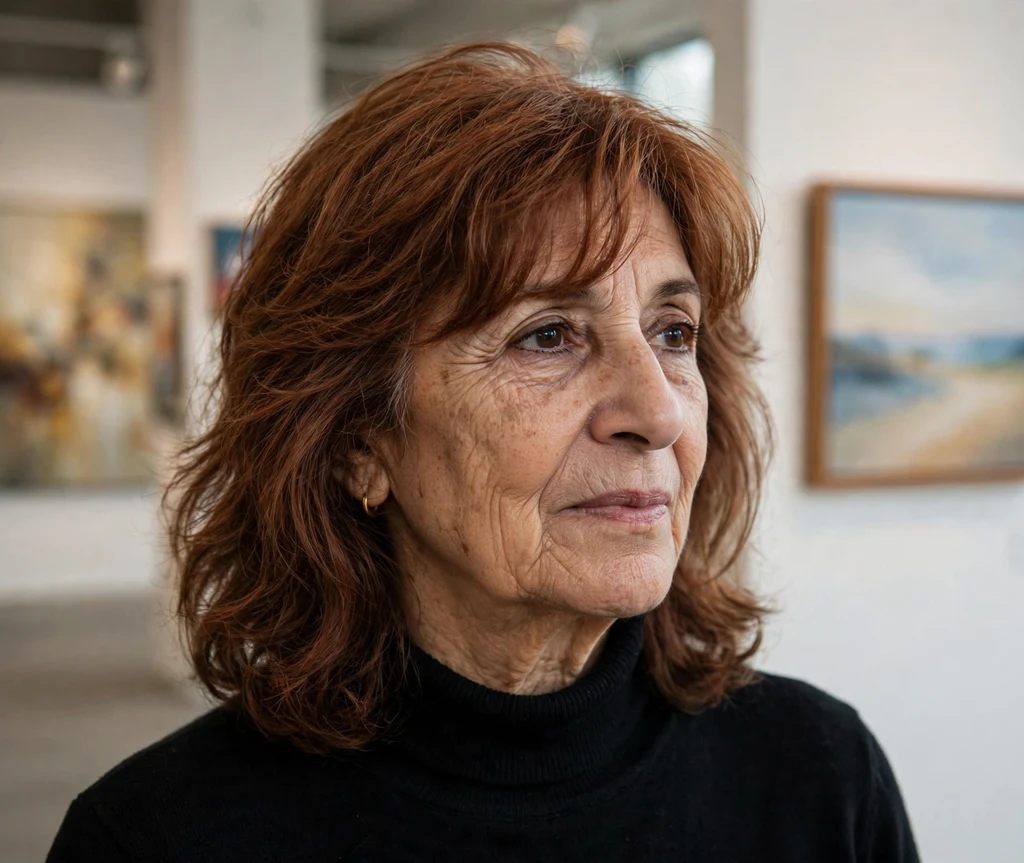 Layered mid-length haircut with face-framing pieces in auburn hair on a Middle Eastern woman in her late 60s wearing a black turtleneck, art gallery