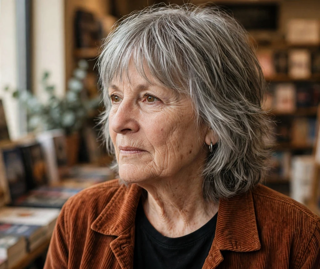 Mid-length silver-gray shag with bangs on a white woman in her early 70s wearing a rust corduroy jacket, bookstore