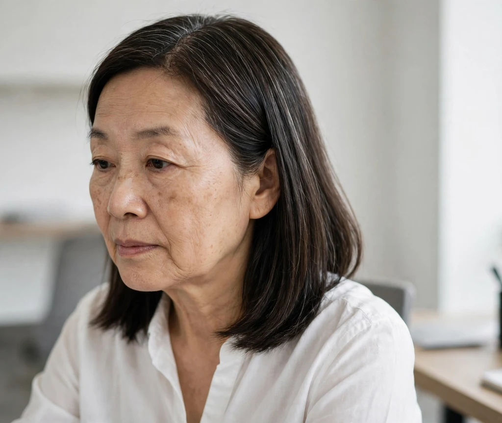 Sleek straight shoulder-length dark brown hair on an East Asian woman in her early 60s wearing a white blouse, minimalist office