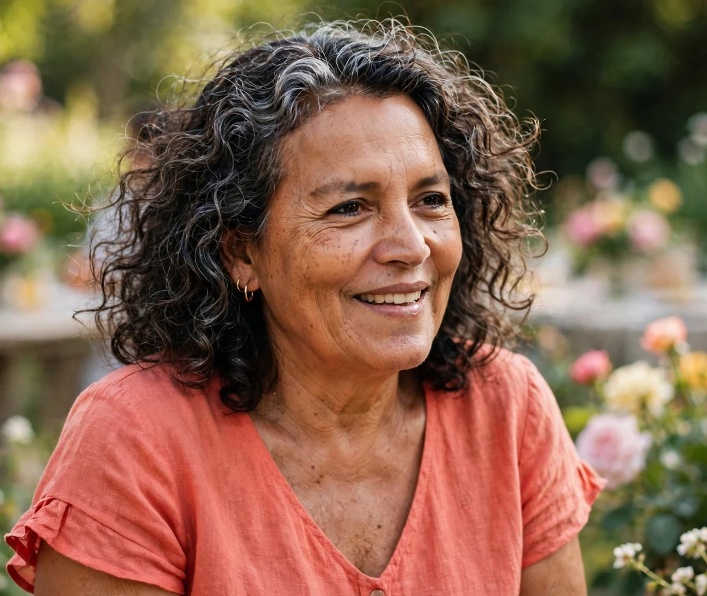 Bouncy mid-length curls with silver highlights on a Latina woman in her late 60s wearing a coral dress, garden party