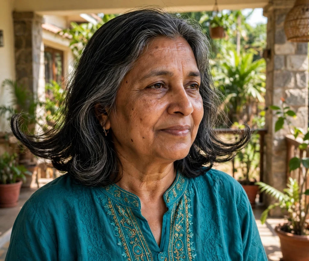 Shoulder-length hair with flipped-out ends in black hair with gray streaks on a South Asian woman in her mid 60s wearing a teal kurta, sunlit veranda