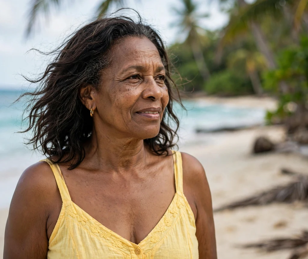 Mid-length beachy waves in dark brown hair on a Black woman in her mid 60s wearing a yellow sundress, tropical beach