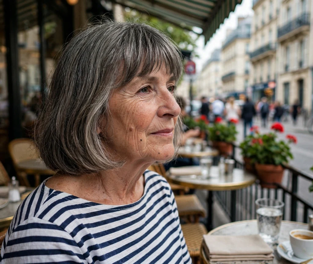 Shoulder-length French bob with fringe in salt-and-pepper hair on a white woman in her mid 60s wearing a striped Breton top, Parisian café