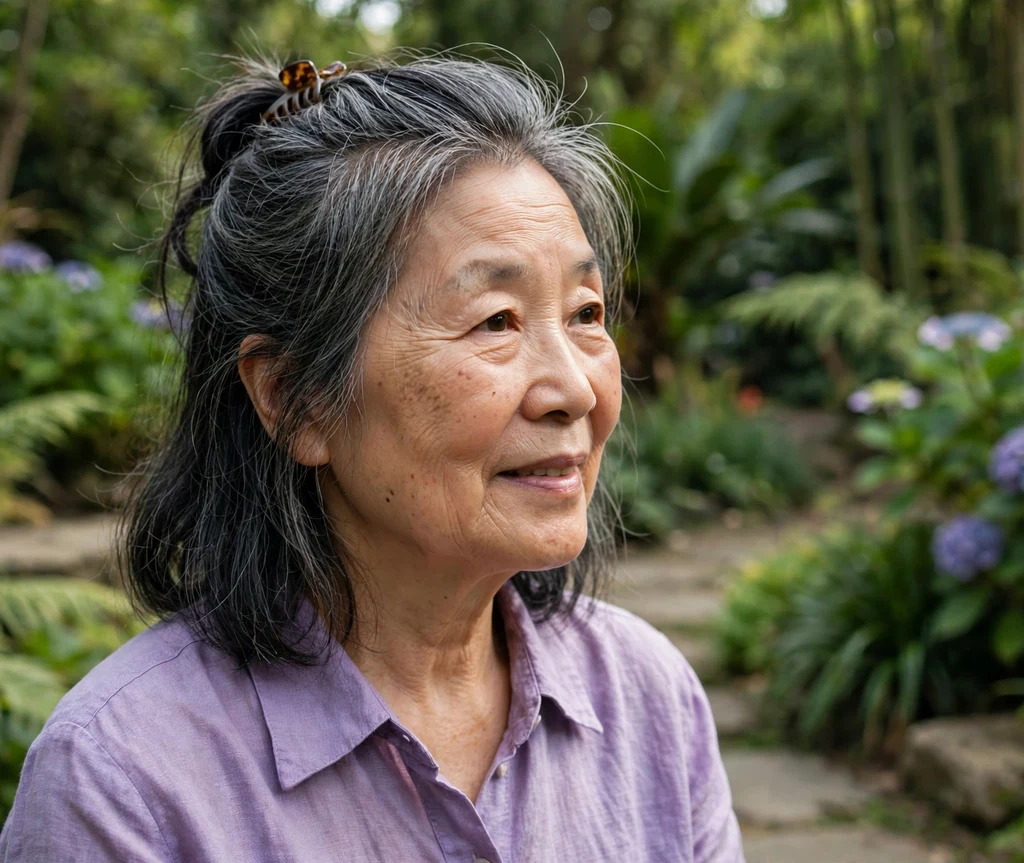 Shoulder-length gray-black hair in a half-up style with a claw clip on an East Asian woman in her late 60s wearing a lavender blouse, botanical garden
