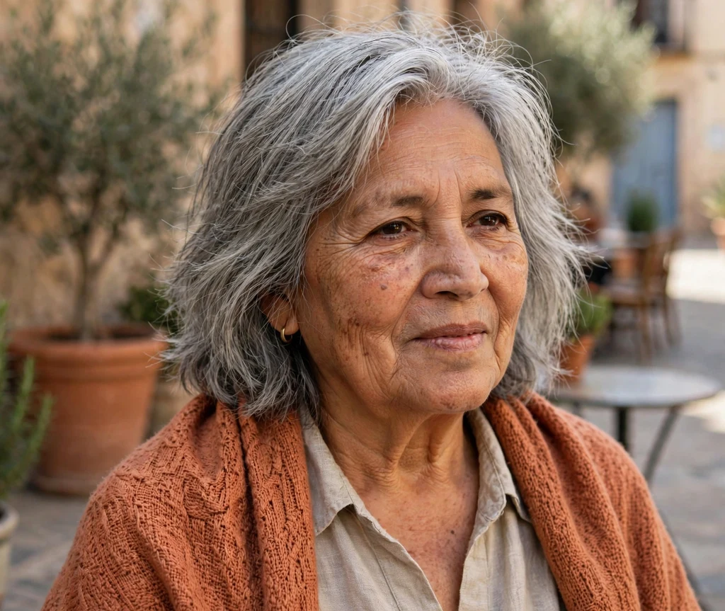 Mid-length choppy silver-gray layers on a Latina woman in her mid 70s wearing a terracotta shawl, sunny plaza