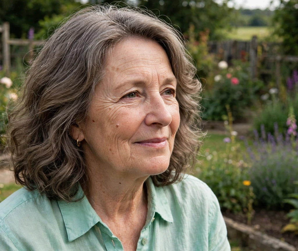 Shoulder-length soft perm waves in ash brown hair on a white woman in her early 60s wearing a mint green blouse, countryside garden
