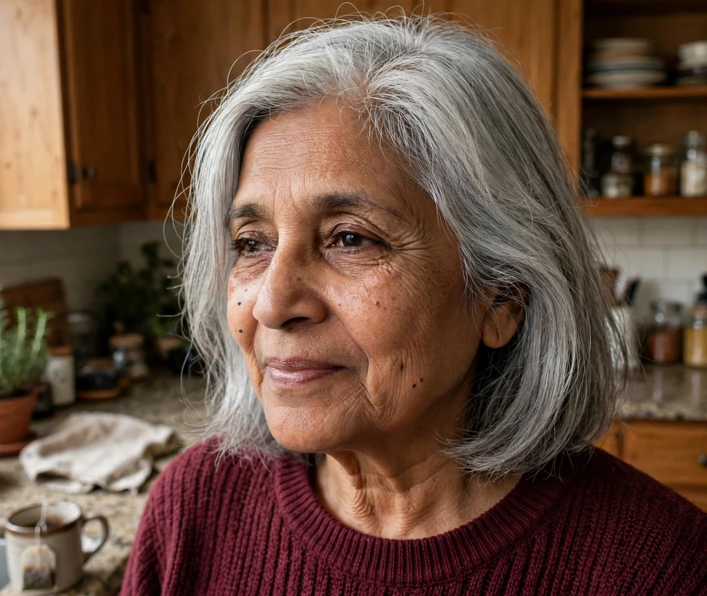 Collarbone-length silver haircut with a deep side part on a South Asian woman in her late 60s wearing a maroon sweater, home kitchen