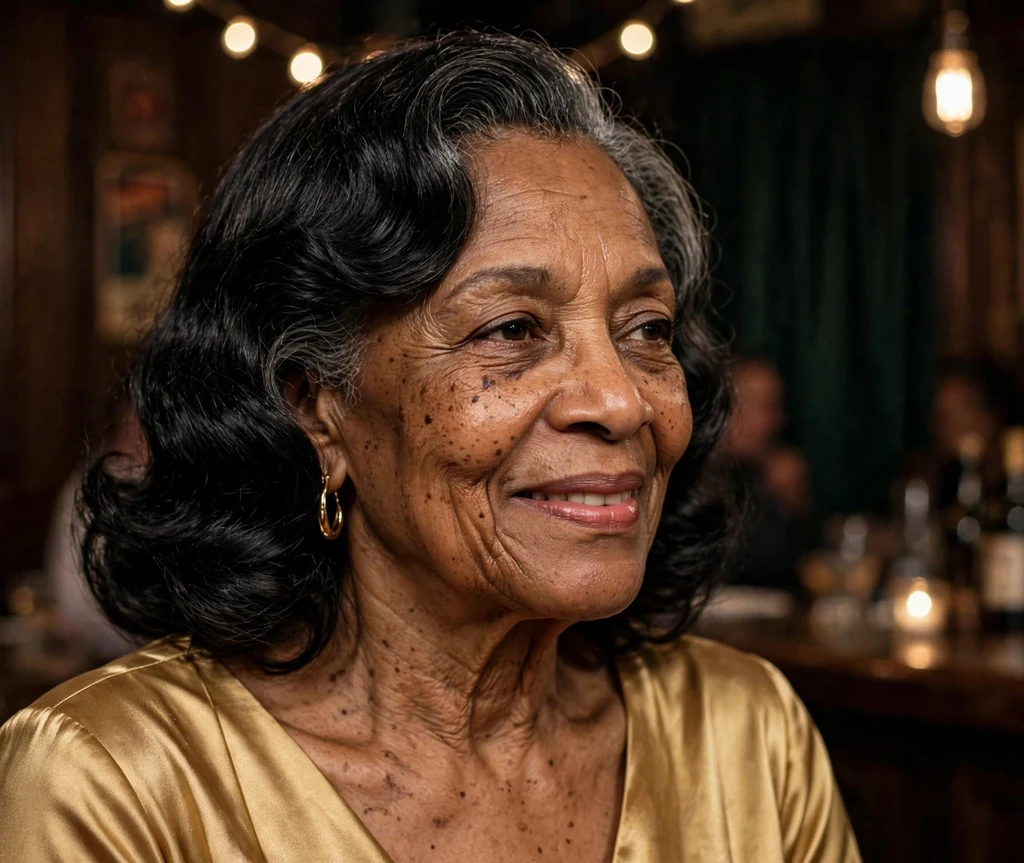 Shoulder-length vintage Hollywood waves in black hair on a Black woman in her late 60s wearing a gold dress, jazz club
