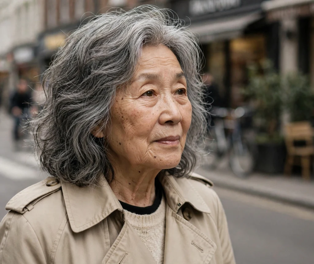 Mid-length textured gray waves in soft layers on an East Asian woman in her mid 70s wearing a beige trench coat, city street