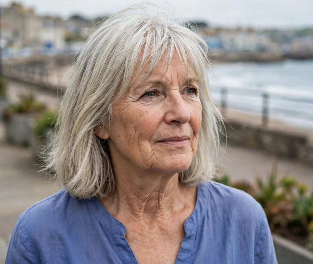 Shoulder-length silver-blonde hair with wispy bangs on a white woman in her late 60s wearing a periwinkle blue top, seaside promenade