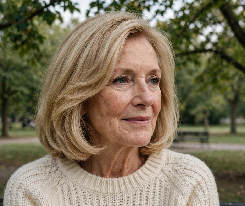 White woman in her early sixties with a blonde classic shoulder-length bob in a park