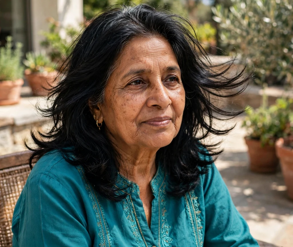 South Asian woman in her mid sixties with a black layered lob in a teal kurta on a patio