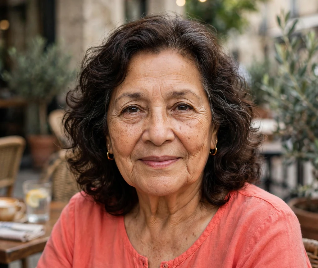 Latina woman in her late sixties with dark brown softly curled medium-length hair in a coral top on a cafe terrace