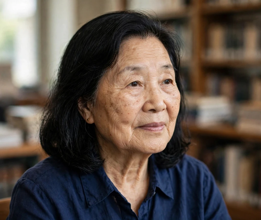 East Asian woman in her early seventies with black side-parted shoulder-length hair in a navy blouse in a library