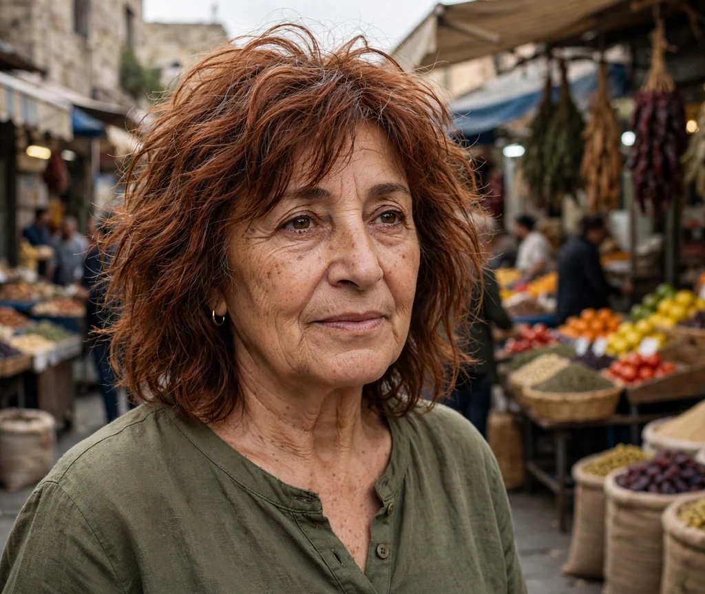 Middle Eastern woman in her late fifties with auburn textured shaggy medium-length hair in an olive top on a market street
