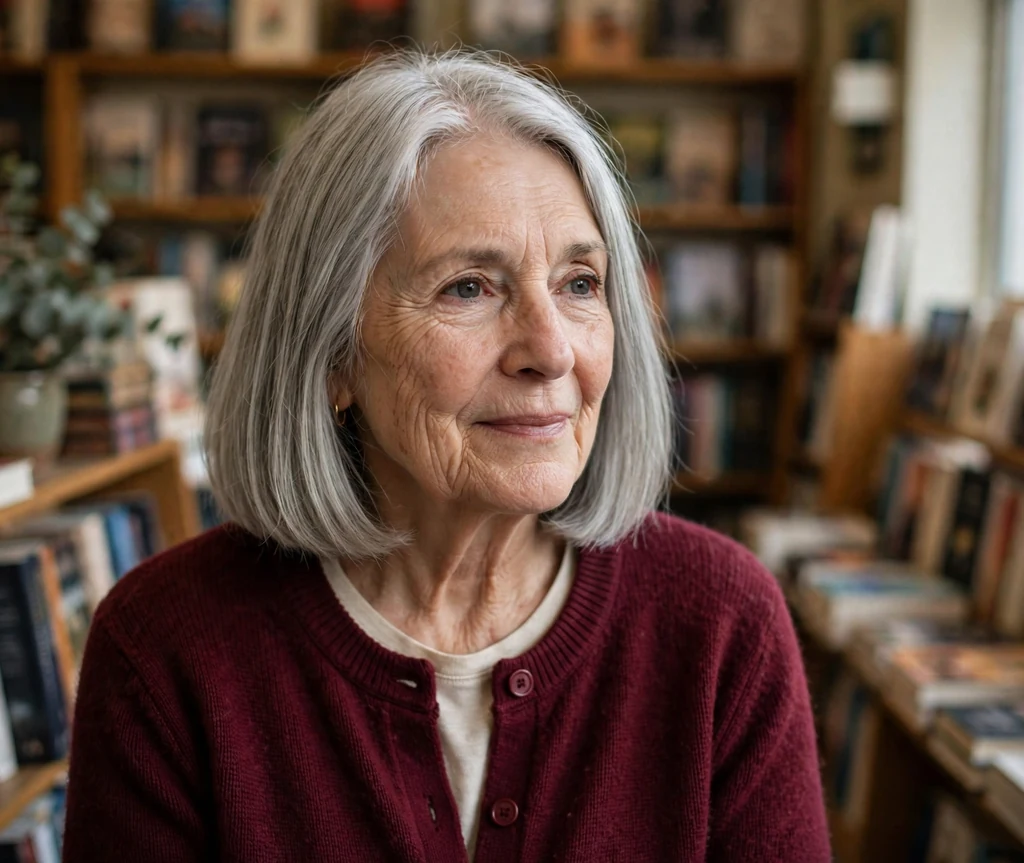 White woman in her late sixties with a silver blunt mid-length bob in a burgundy cardigan in a bookstore