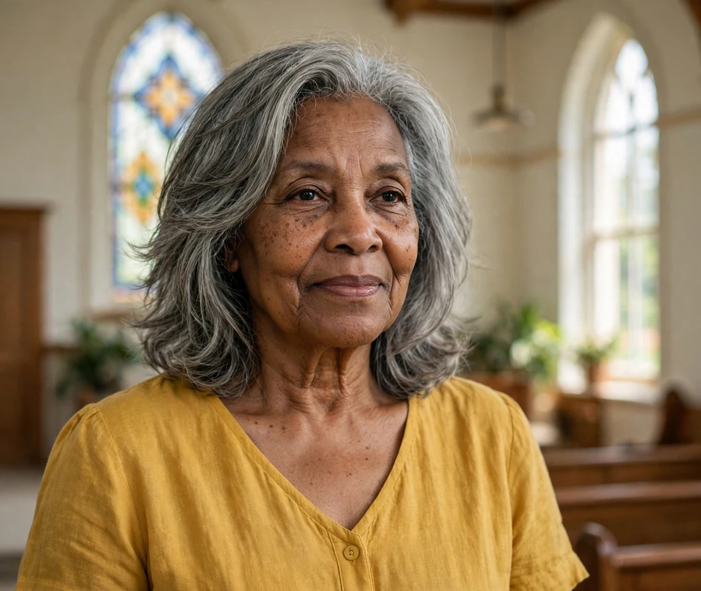 Black woman in her early seventies with grey feathered medium-length layers in a mustard dress in a church hall