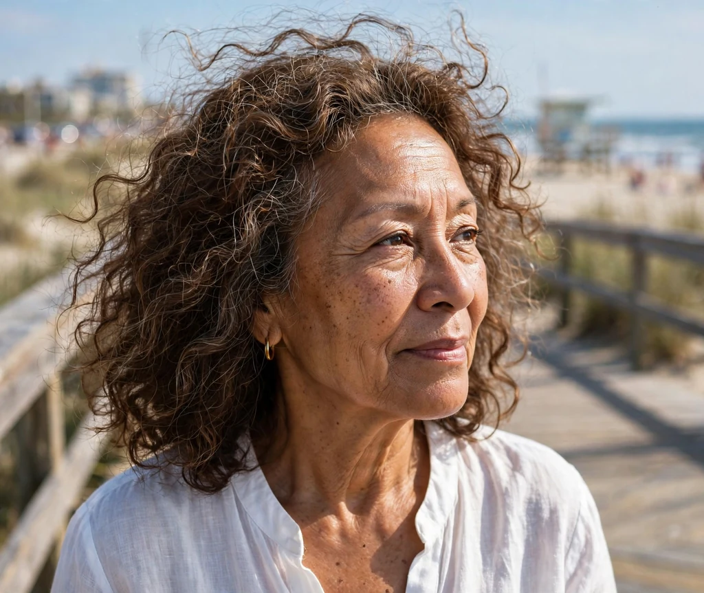 Mixed-race woman in her early sixties with brown curly shoulder-length hair in a white blouse on a beach boardwalk