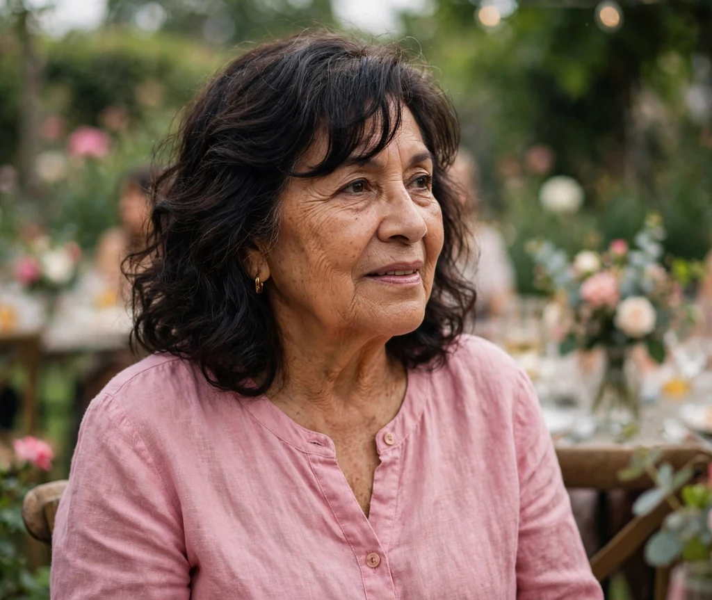 Latina woman in her mid sixties with a dark wavy lob with side bangs in a pink top at a garden party