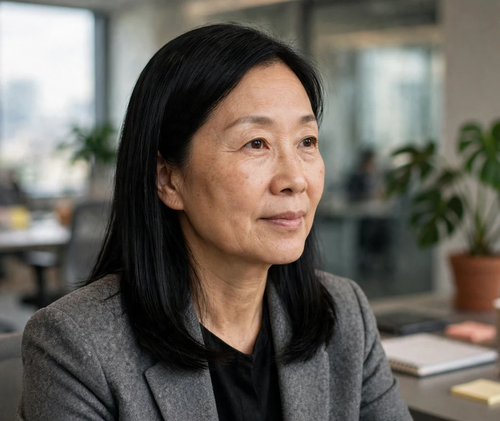 East Asian woman in her late fifties with sleek straight black medium-length hair in a grey blazer in an office