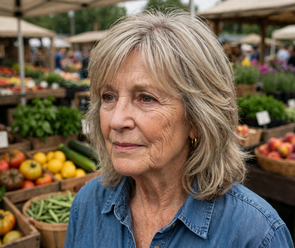 White woman in her mid sixties with ash-blonde face-framing medium layers in a blue chambray shirt at a farmers market