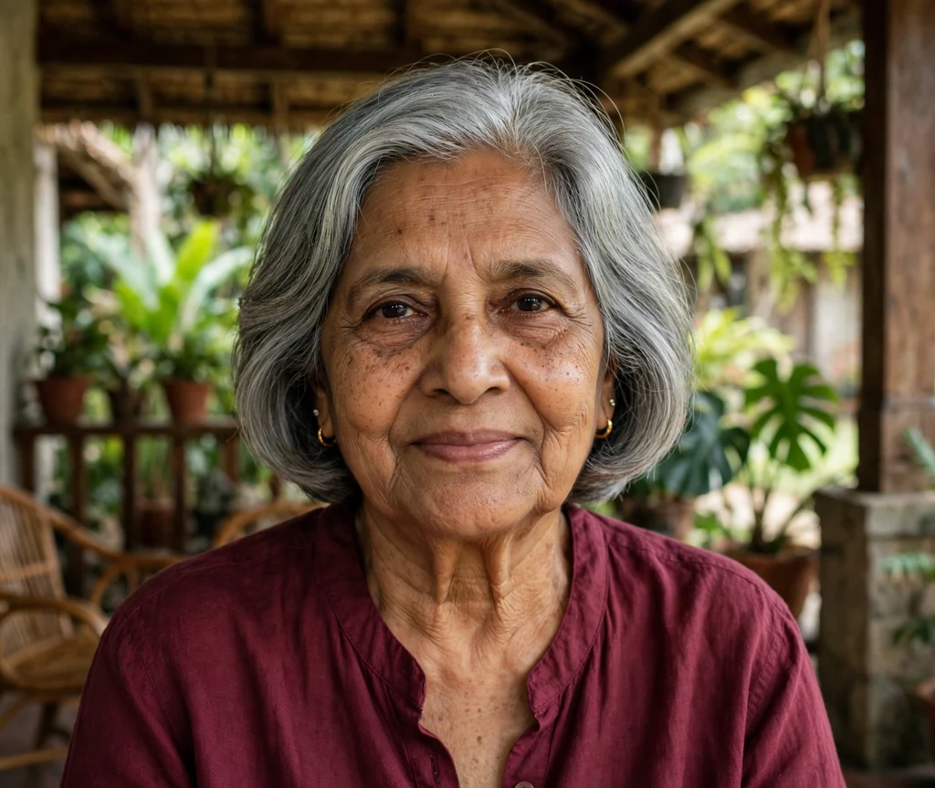 South Asian woman in her early seventies with a silver-grey inverted medium bob in a maroon blouse on a veranda
