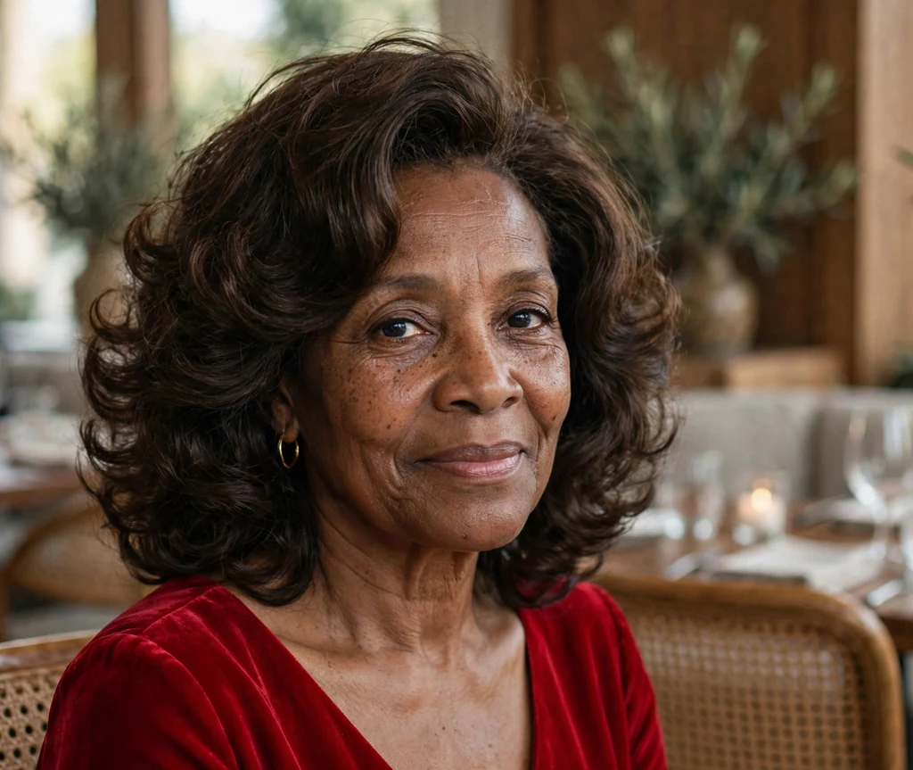 Black woman in her late fifties with a dark brown bouncy blowout medium hairstyle in a red dress in a restaurant