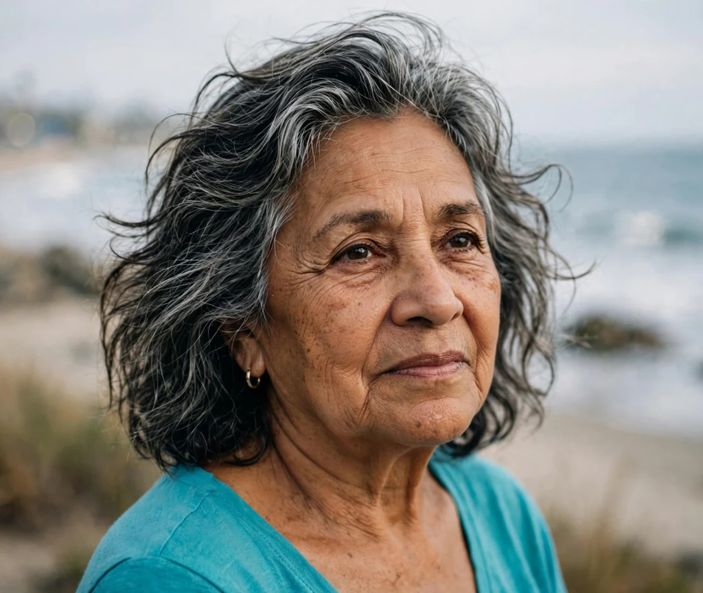 Latina woman in her early seventies with salt-and-pepper tousled beach-wave lob in a turquoise top by the seaside