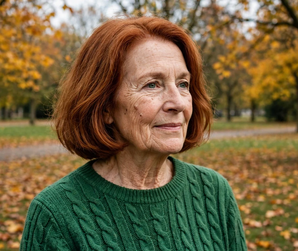 White woman in her late fifties with a copper chin-to-shoulder graduated bob in a green sweater in an autumn park
