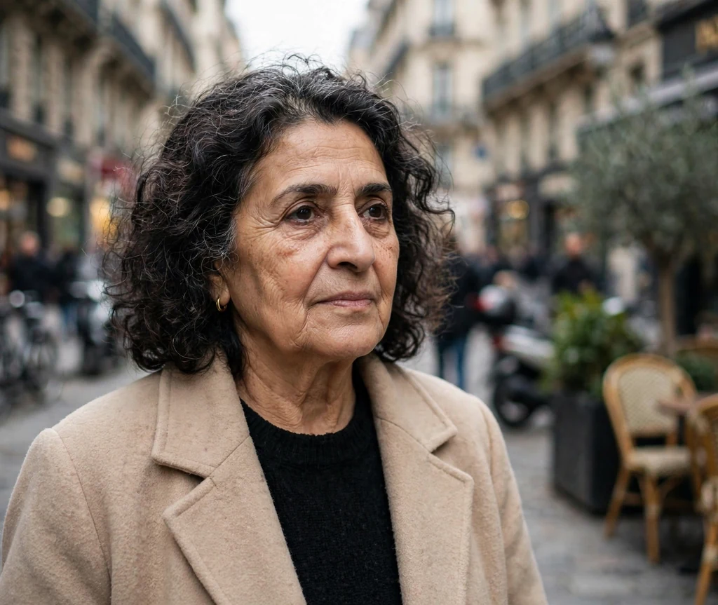Middle Eastern woman in her mid sixties with dark soft perm curls at medium length in a beige coat on a city street