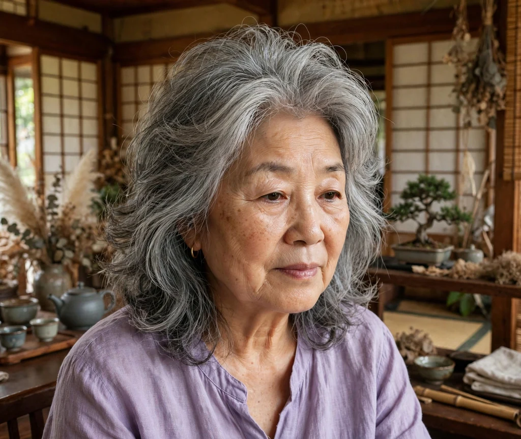 East Asian woman in her mid sixties with grey voluminous root-lifted medium layers in a lavender top in a tea house