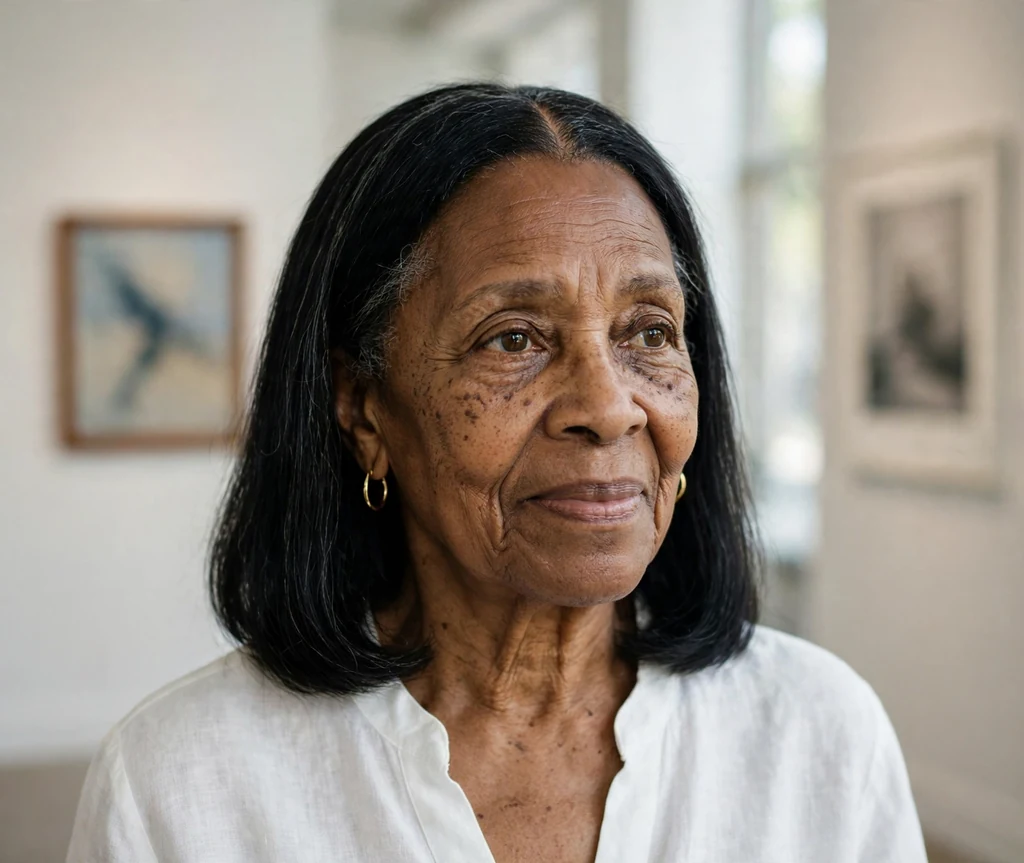 Black woman in her early sixties with a black classic center-parted medium hairstyle with gold earrings in a white top in an art gallery