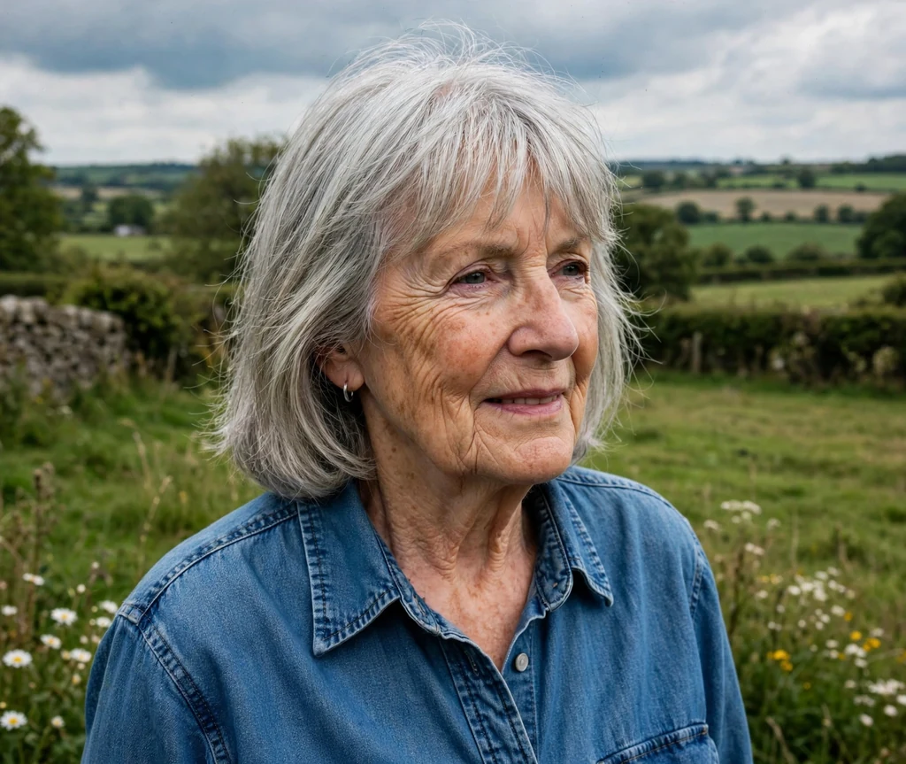 White woman in her early seventies with a silver medium-length cut with wispy bangs in a denim shirt in the countryside