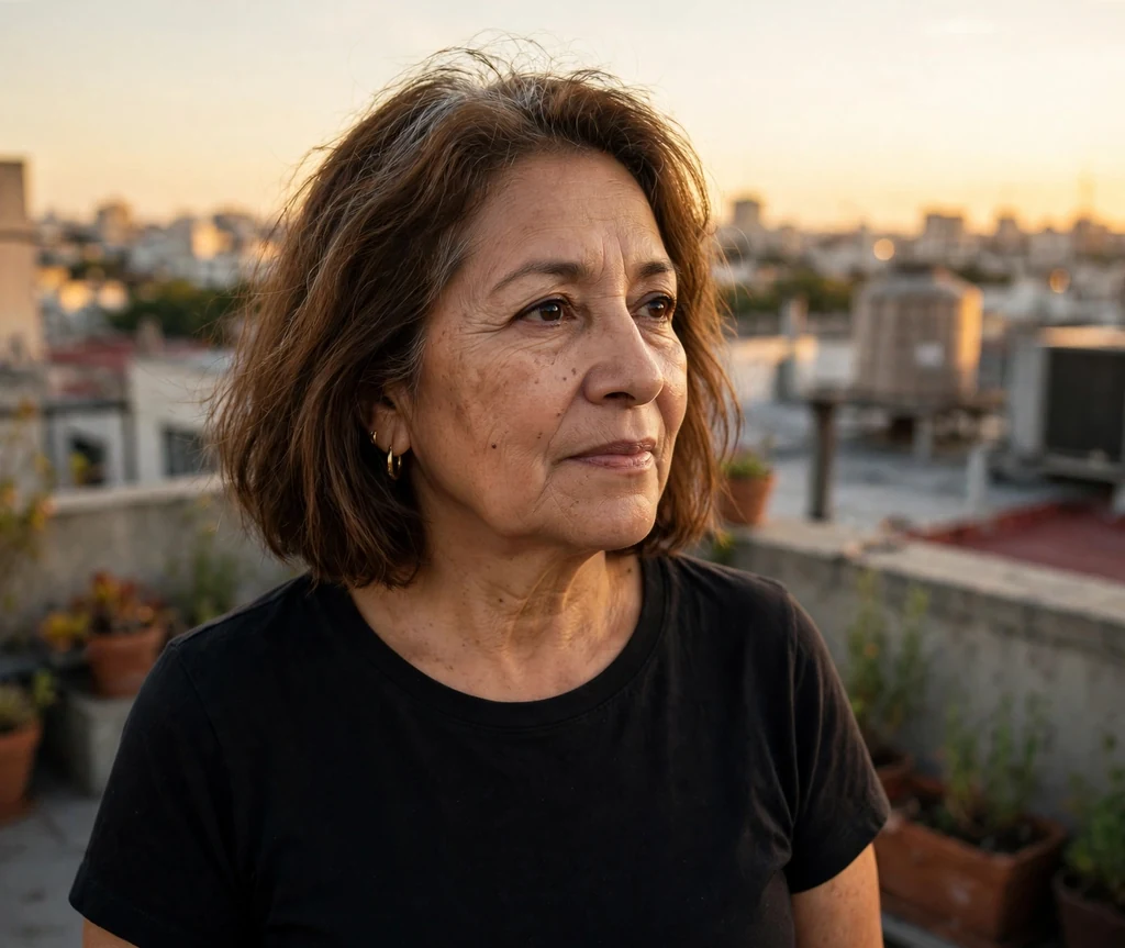 Latina woman in her late fifties with a brown A-line lob in a black top on a city rooftop at golden hour
