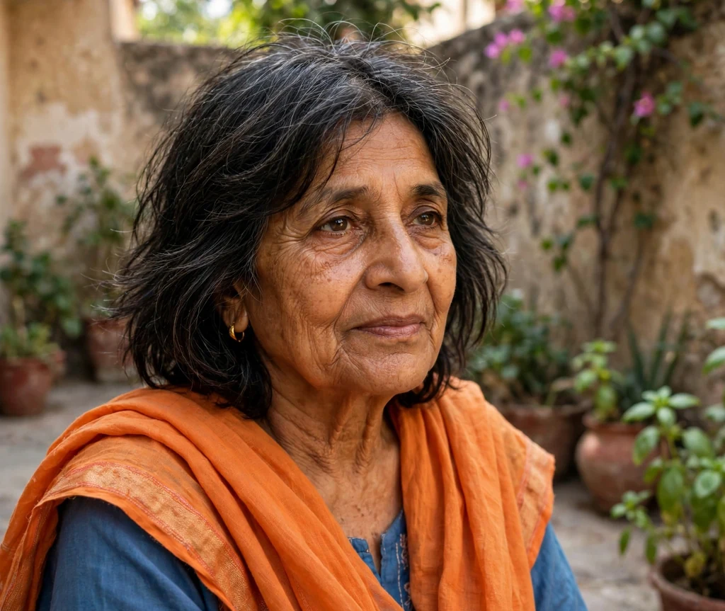 South Asian woman in her late sixties with a dark choppy layered shoulder-length cut in an orange dupatta in a courtyard