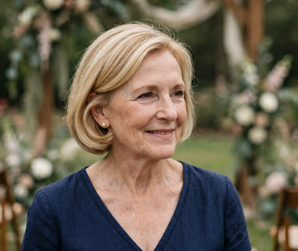 White woman in her mid sixties with a blonde medium bob tucked behind the ears with pearl earrings and a navy dress at a wedding venue