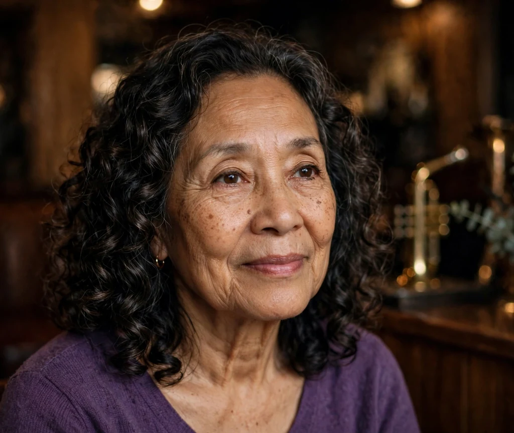 Mixed-race woman in her late sixties with dark spiral-curled medium-length hair in a purple top in a jazz club