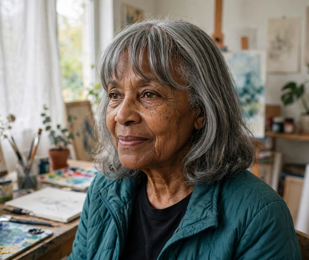 Black woman in her mid sixties with grey shoulder-length hair and curtain bangs in a teal jacket in an art studio