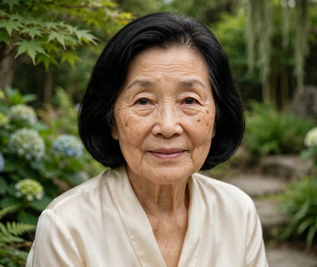 East Asian woman in her early seventies with a black polished low-volume medium bob in a cream silk top in a garden
