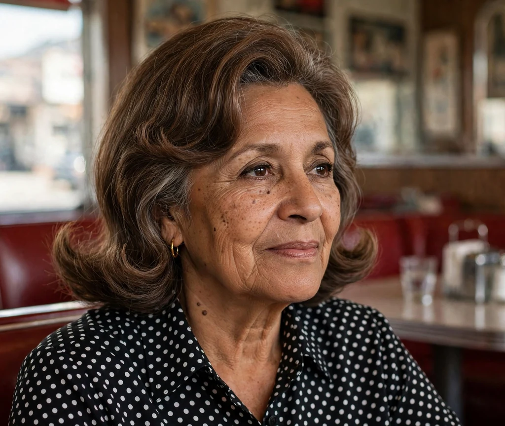 Latina woman in her mid sixties with a brown retro medium-length cut with flipped ends in a polka-dot blouse in a vintage diner