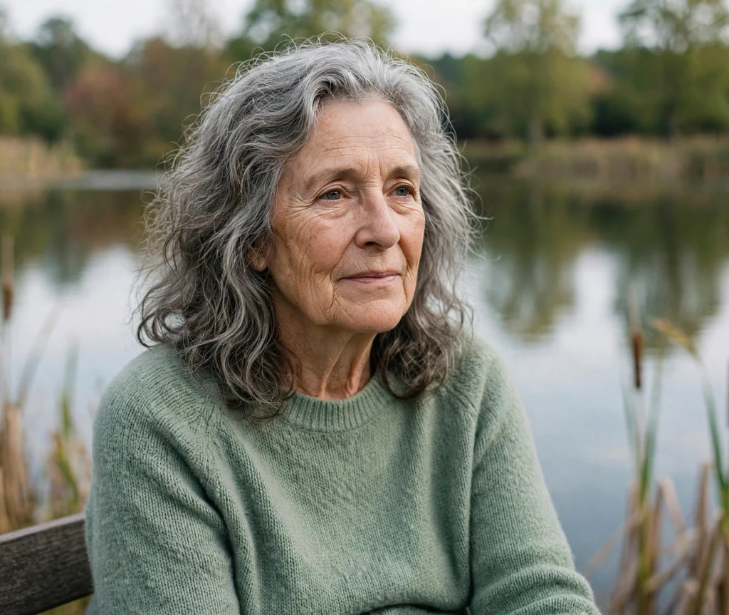 White woman in her late sixties with natural gray wavy shoulder-length hair in a sage sweater by a lake