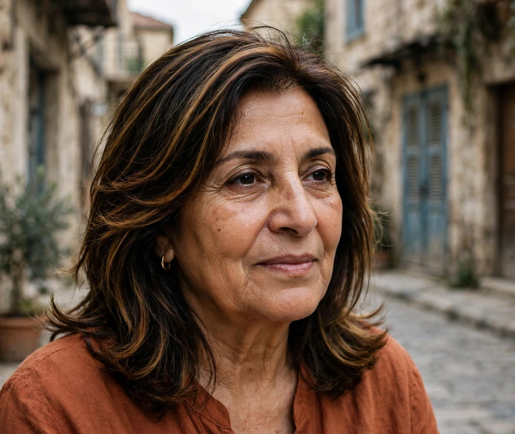 Middle Eastern woman in her early sixties with a dark layered medium cut with caramel highlights in a rust top on an old town street