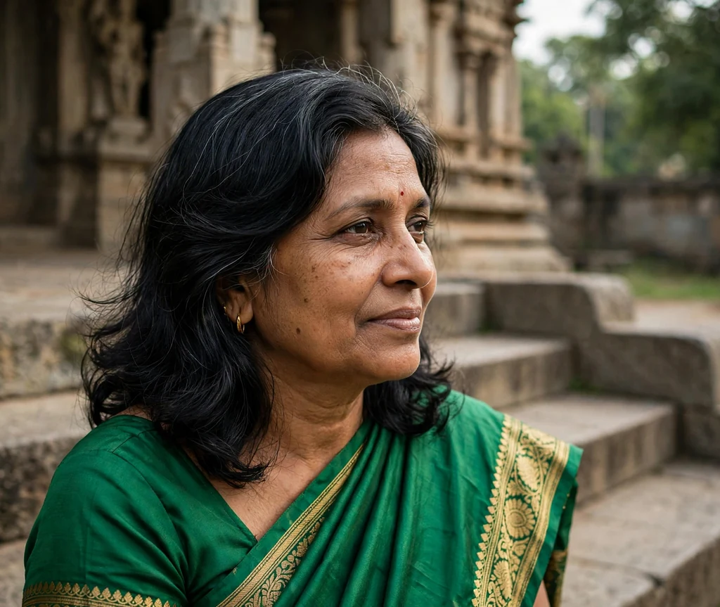 South Asian woman in her late fifties with a black side-swept medium-length hairstyle in an emerald sari on temple steps