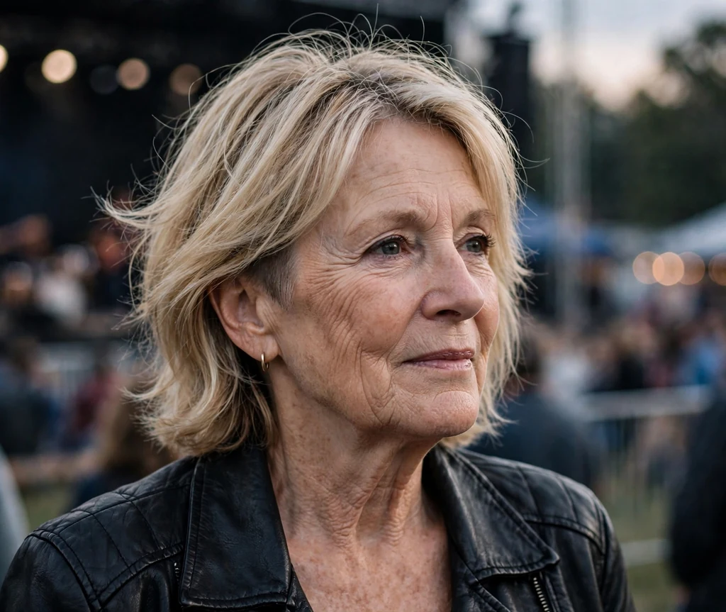 White woman in her early sixties with a blonde medium-length cut with a soft undercut nape in a leather jacket at a concert