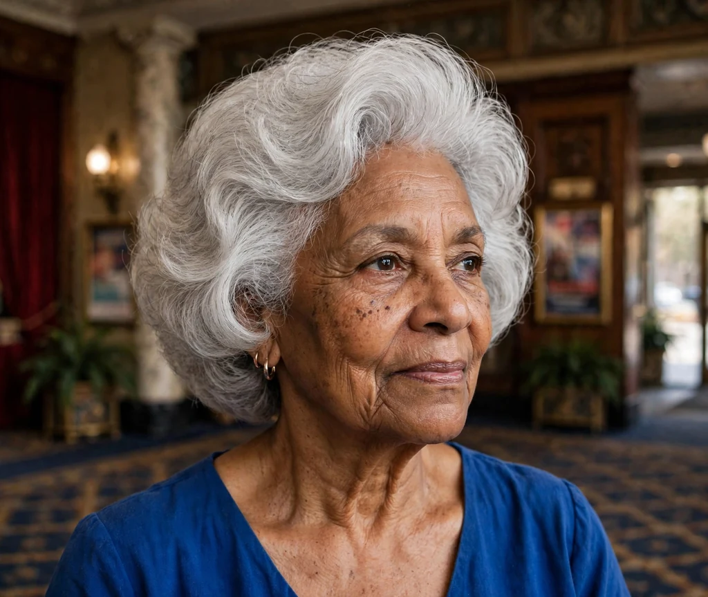 Black woman in her late sixties with a silver rounded voluminous blowout medium hairstyle in a cobalt dress in a theater lobby