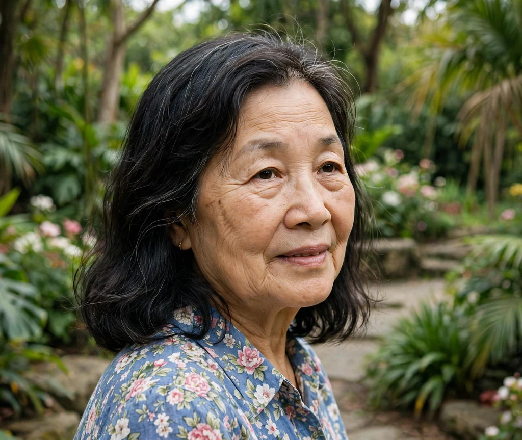 East Asian woman in her mid sixties with dark shoulder-length hair with a deep side part in a floral blouse in a botanical garden