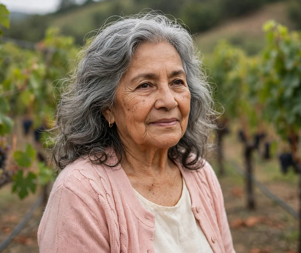 Latina woman in her early seventies with grey loose romantic medium-length waves in a blush cardigan in a vineyard